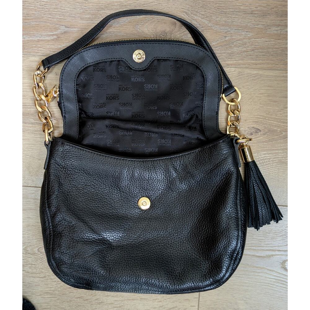 Michael Kors Acorn Shoulder Bag Black Pebbled Leather Gold Chain Link Tassel - Picture 3 of 12